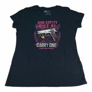 Womens Top Shirt Size XL Bass Pro Navy Blue Pink Gun Safety Carry One Fitted